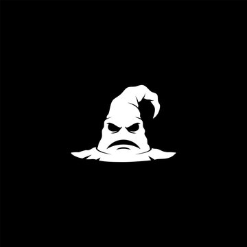 Spooky sorting witch hat monster face white vector silhouette. Halloween mascot logo design on black background