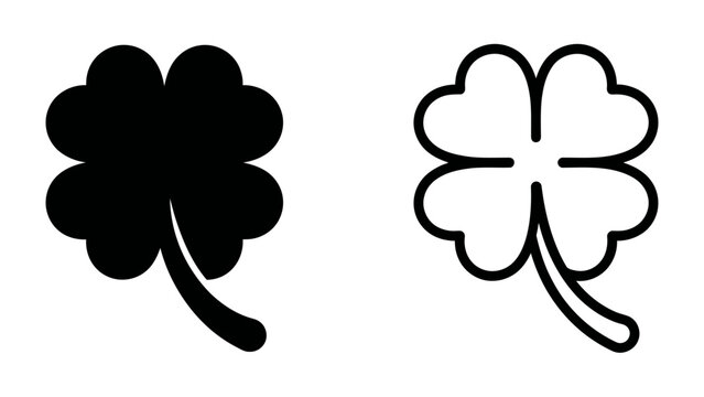 Four Leaf Clover Symbol: A simple yet iconic representation of luck and fortune, featuring both a solid black and a line-art outline of a four-leaf clover, symbolizing good fortune.