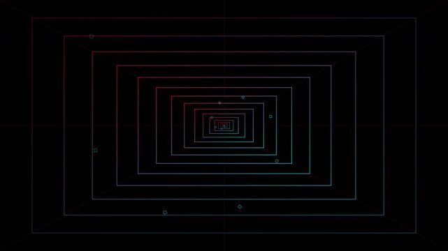 Retro futuristic neon grid highway zooming through rectangular tunnels on transparent background