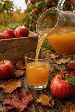 Fresh pressed apple cider pouring into a glass at an orchard table