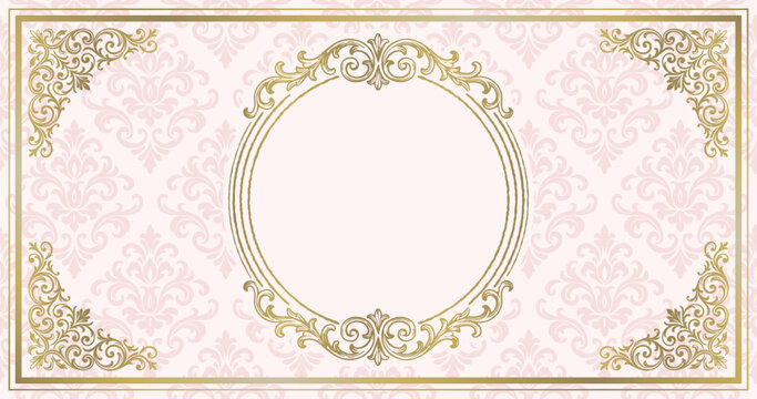 Vintage luxury frame card template on pink damask background with copy space