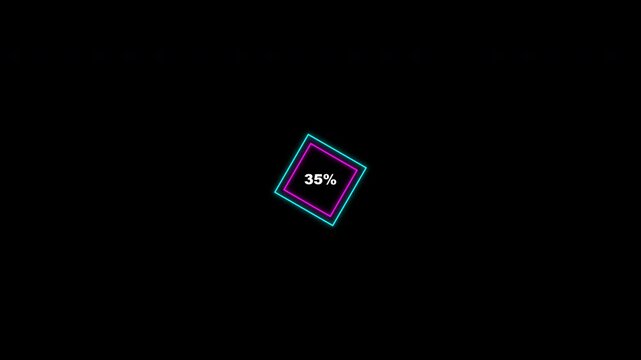 Rotating neon squares with percentage progress counters isolated on transparent background