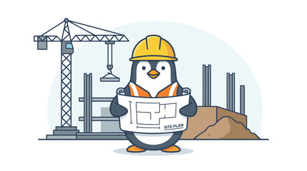 Naklejka premium Penguin architect holding blueprints at construction site.