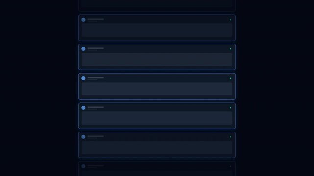 Scrolling vertical feed of dark user interface cards isolated on a transparent background