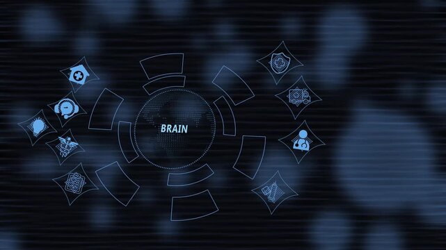 Futuristic digital brain interface hud with medical healthcare and global network connectivity for advanced biotechnology research, artificial intelligence diagnostics, and modern science