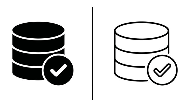 Database Icon: A stylized icon representing a database with stacked discs, accompanied by a checkmark symbol, indicating data validation or confirmation.