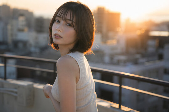 夕暮れの高架手すりに立つ女性の横顔