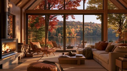 Naklejka premium Cozy wooden cottage with fireplace and large windows overlooking lake and forest during autumn Generative AI