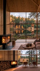 Naklejka premium Cozy wooden cottage by a lake with a fireplace and views of autumn trees during the day Generative AI