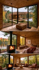 Naklejka premium Cozy wooden cottage with fireplace and large windows overlooking lake and forest during autumn time Generative AI