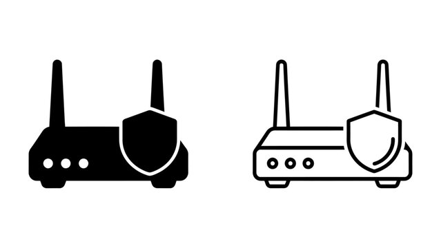 Secure Network Connection: A black and white icon set representing a wireless router protected by a shield, symbolizing internet security and data protection.