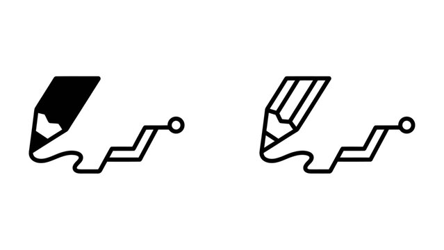 Pencil Icon with Circuit Board Element: Two minimalist icons feature a stylized pencil drawing a line that connects to a small circle, representing a design or technology concept.