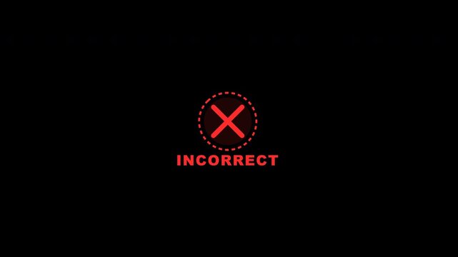 Shaking red cross mark with incorrect text isolated on alpha channel for video overlay