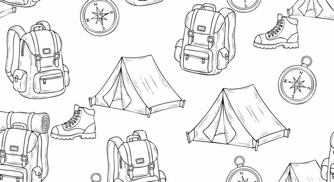 Seamless Pattern of Camping Equipment and Hiking Gear Sketches.
