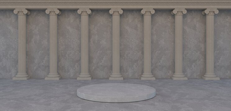 Ancient greek architecture with pillars. Vector realistic antique building with white marble wall and column with capital in jonic style. Background with roman temple