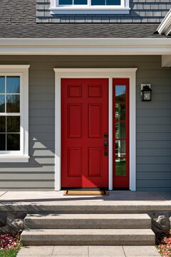 Modern home exterior with a vibrant red front door and grey siding design