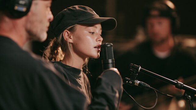 Coach helps girl vocalist practice at mic during studio session Generative AI