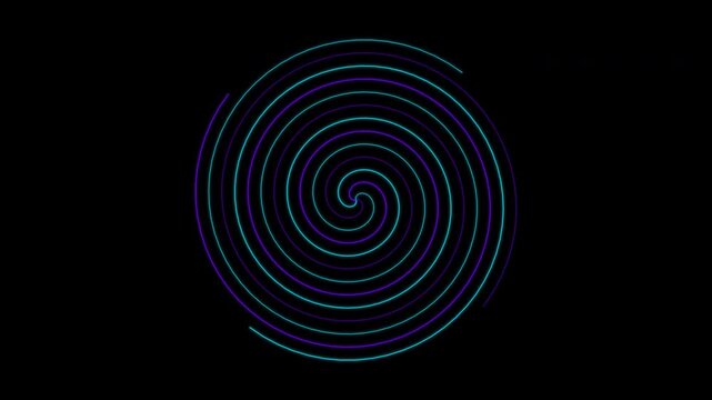 Symmetrical pulsing vortex spirals with cyan and purple lines isolated on transparent background
