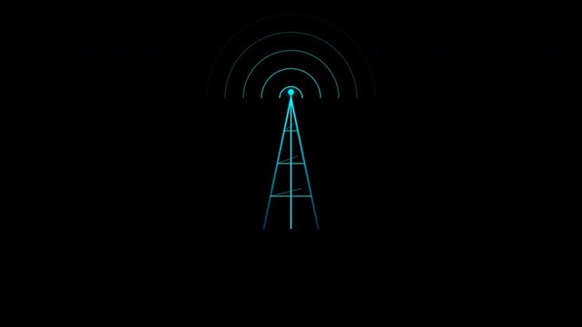 Telecommunication tower icons emitting cyan signal pulses with transparent alpha channel