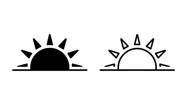 Sunrise Iconography: Simple, clean icons depicting a sun rising over a horizon, one solid black and the other outlined, representing dawn or new beginnings.