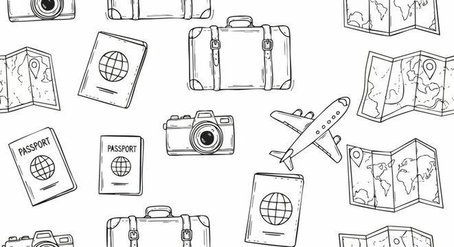 Seamless pattern with hand drawn travel elements like passports and suitcases.