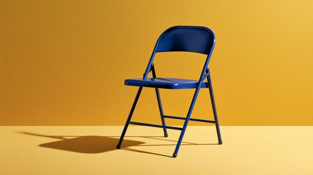 A single blue metal folding chair isolated on vibrant yellow background