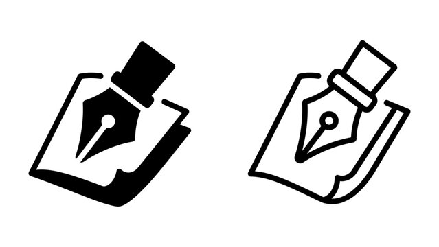 Fountain Pen and Paper Icon: A clean, modern icon set featuring a fountain pen poised over a sheet of paper, representing writing, journaling, or creative expression in both solid and outline styles.
