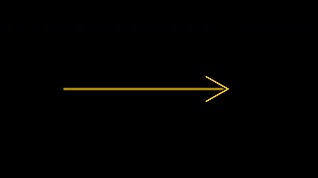 Yellow neon pulsing arrows pointing right isolated on transparent background for video highlights