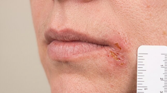 Angular Stomatitis and Cracked Mouth Corners &mdash; Clean Medical Background with Copy Space