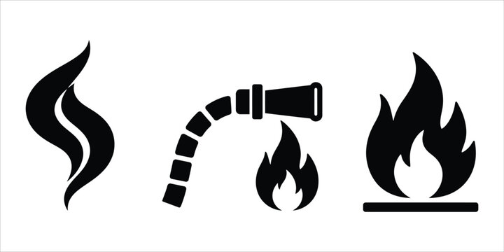 Fire hazard and extinguishing icons with smoke hose and flames