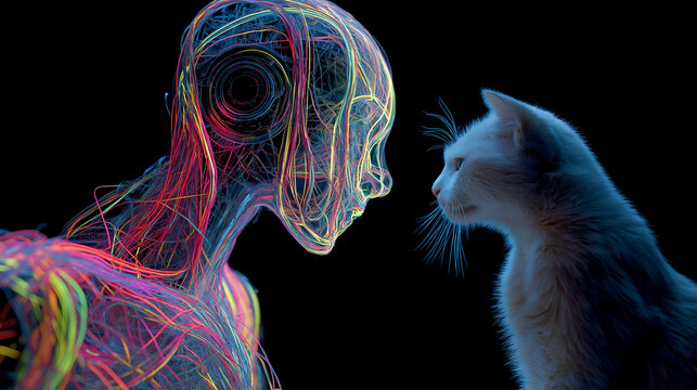 Glowing Fiber Optic Human Profile Facing Real Cat on Dark Background
