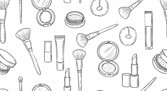 Seamless pattern with hand drawn makeup cosmetic products.