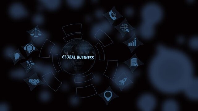 Digital global business concept featuring animated earth globe surrounded by interconnected corporate and financial growth symbols in a sleek futuristic dark blue technology interface