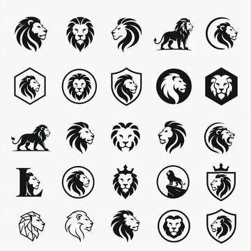 Set of minimalist lion icons and silhouettes, simple lion symbol collection in flat design