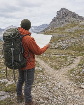Hiker unfolding paper map at mountain trail junction