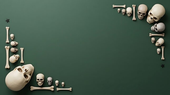 Collection of 3D miniature human skeleton bones arranged creatively on green background