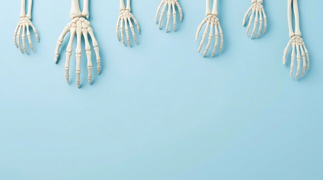 Human skeleton hands displayed against light blue transparent background
