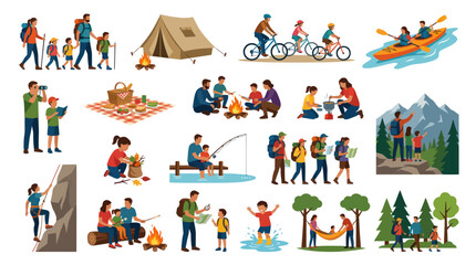 Naklejka premium Outdoor Activities Flat Vector Illustration Set: Family Camping, Hiking, Cycling, Kayaking, and Nature Recreation