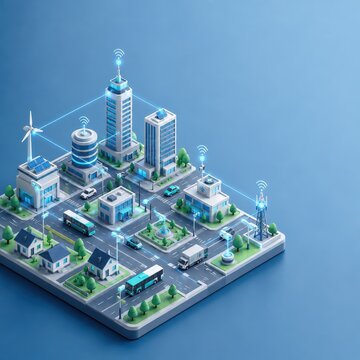 Isometric 3D smart city network with connected data nodes