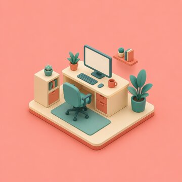 Isometric 3D render of tiny office workspace on pastel background