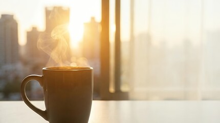 Fototapeta premium Hot Coffee or Tea Cup with Steam Smoke on Shining Sun Background: View from the window to city buildings coffee hot coffee or tea cup with steam smoke on shining sun background view from the window
