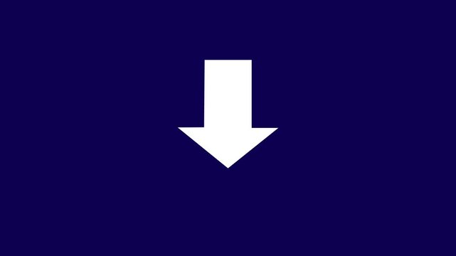 Minimalist white arrow pointing downwards on a solid deep navy blue background, digital interface navigation, instructional ui web call to action and modern