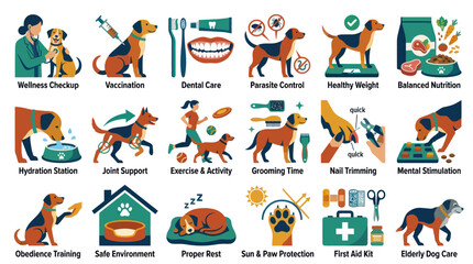 Fototapeta premium Vector Set of Dog Care Icons: Health, Grooming, Training, Nutrition, Safety