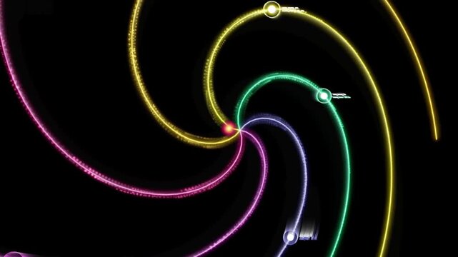 Colorful spiral galaxy visualization with orbiting celestial objects and vibrant light trails in space