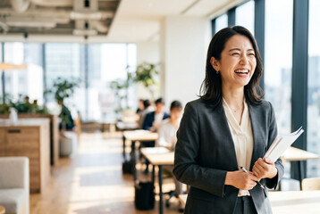 Obraz premium オフィスで書類を持ち大笑いする日本人女性 Generative AI