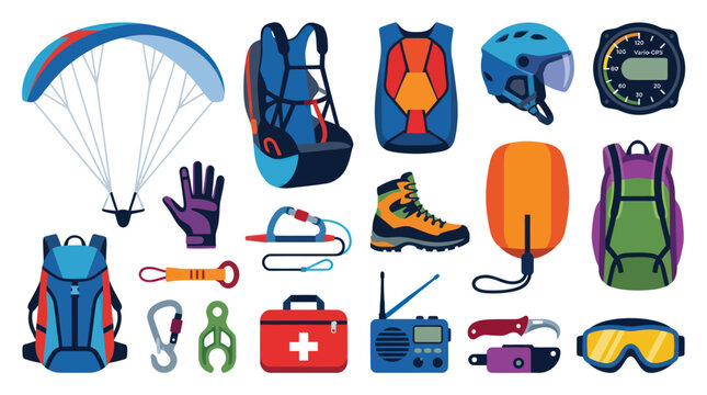 Paragliding and Adventure Gear Flat Vector Icons Set