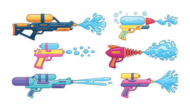 Colorful water gun set with shooting plastic squirt pistols spraying water splashes and bubbles vector illustration