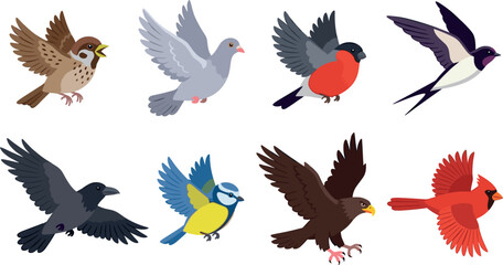 Obraz premium Flying Wild Birds Vector Icon Set Featuring Eurasian Sparrow, Rock Pigeon, Bullfinch, Barn Swallow, Black Crow, Blue Tit, Golden Eagle, and Northern Cardinal