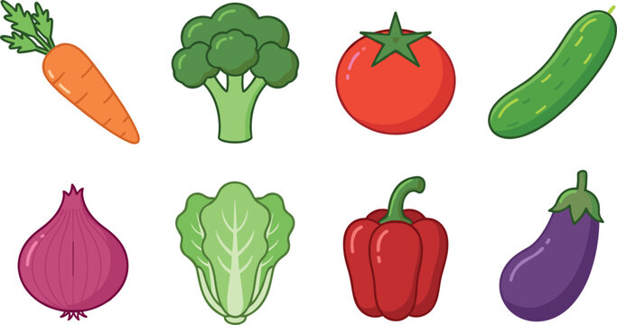 Fresh Garden Vegetables Vector Icon Set featuring Tomato, Red Bell Pepper, Carrot, Broccoli, Onion, Eggplant, Cabbage, and Cucumber for Healthy Organic Food Designs