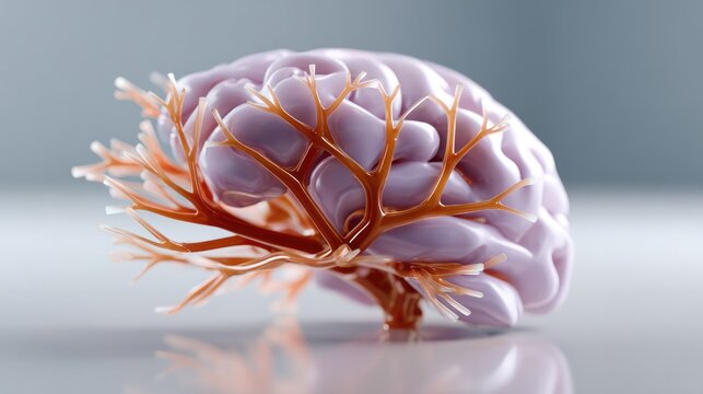 Detailed Human Brain Model: A close-up, high-detail 3D rendering of the human brain, showcasing intricate neural pathways and blood vessels, presented in a clean.